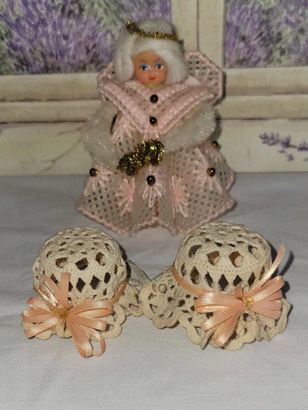 Vintage Handmade Plastic Canvas Angel & Crochet Bonnet Ornaments Bundle Lot 3pc